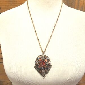 Aged coppertone resin pendant w/crystal details pinks/pastels copper chain
